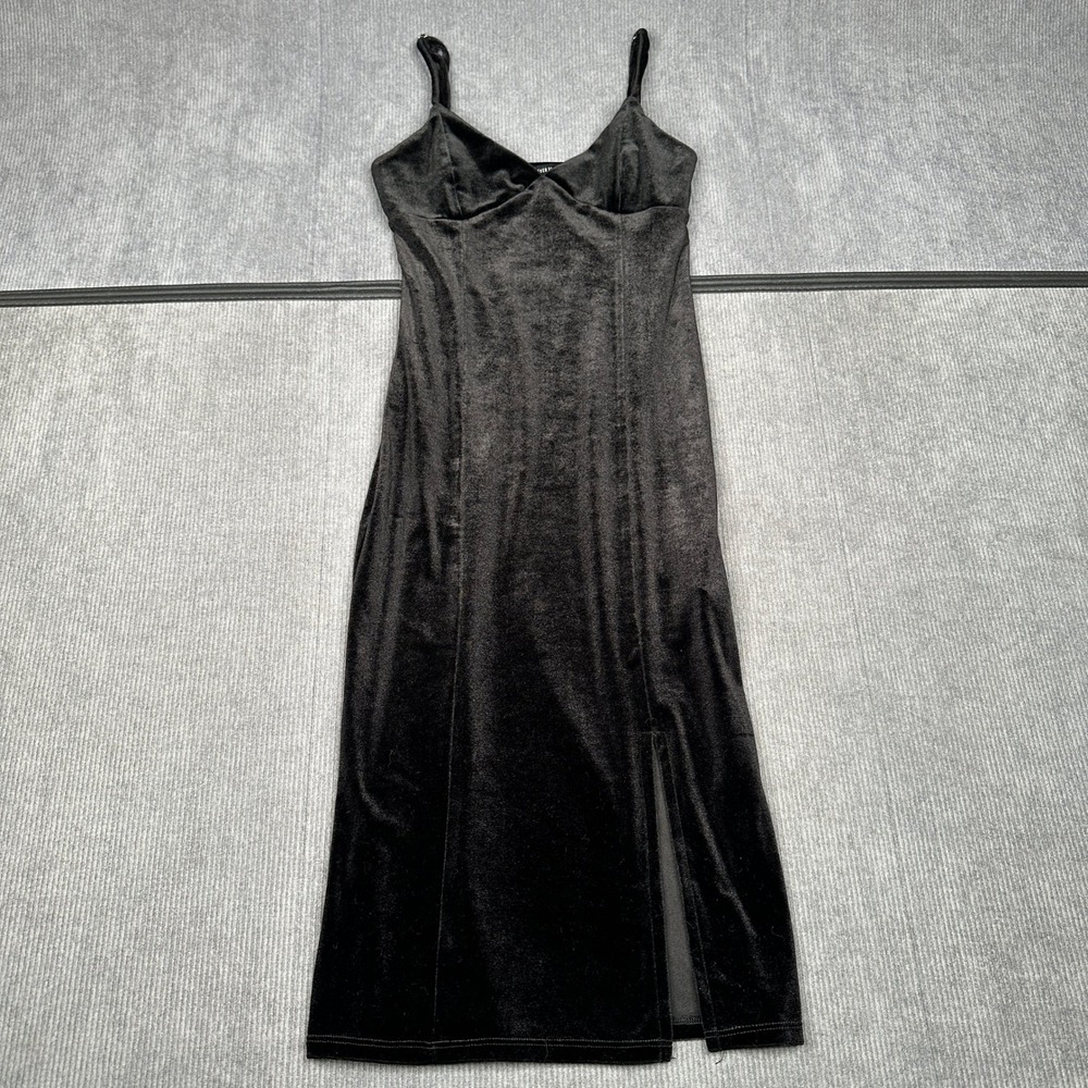 Forever 21 Black Velvet Cami Midi Dress Side Slit V-Neck Small Cocktail Y2k